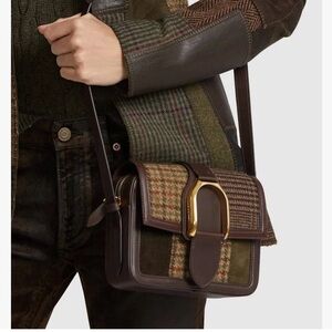 RARE POLO RALPH LAUREN WELLINGTON PATCHWORK TWEED CROSSBODY BAG PURSE BROWN